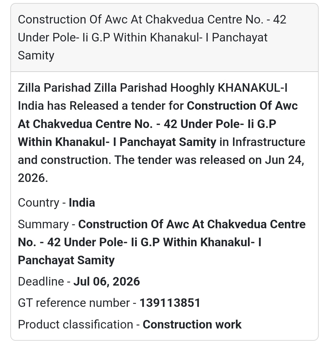 🚨 New Tender Alert | Construction of AWC at Chakvedua Centre No. 42 under Pole-II G.P. within Khanakul-I Panchayat Samity – Khanakul-I, Hooghly