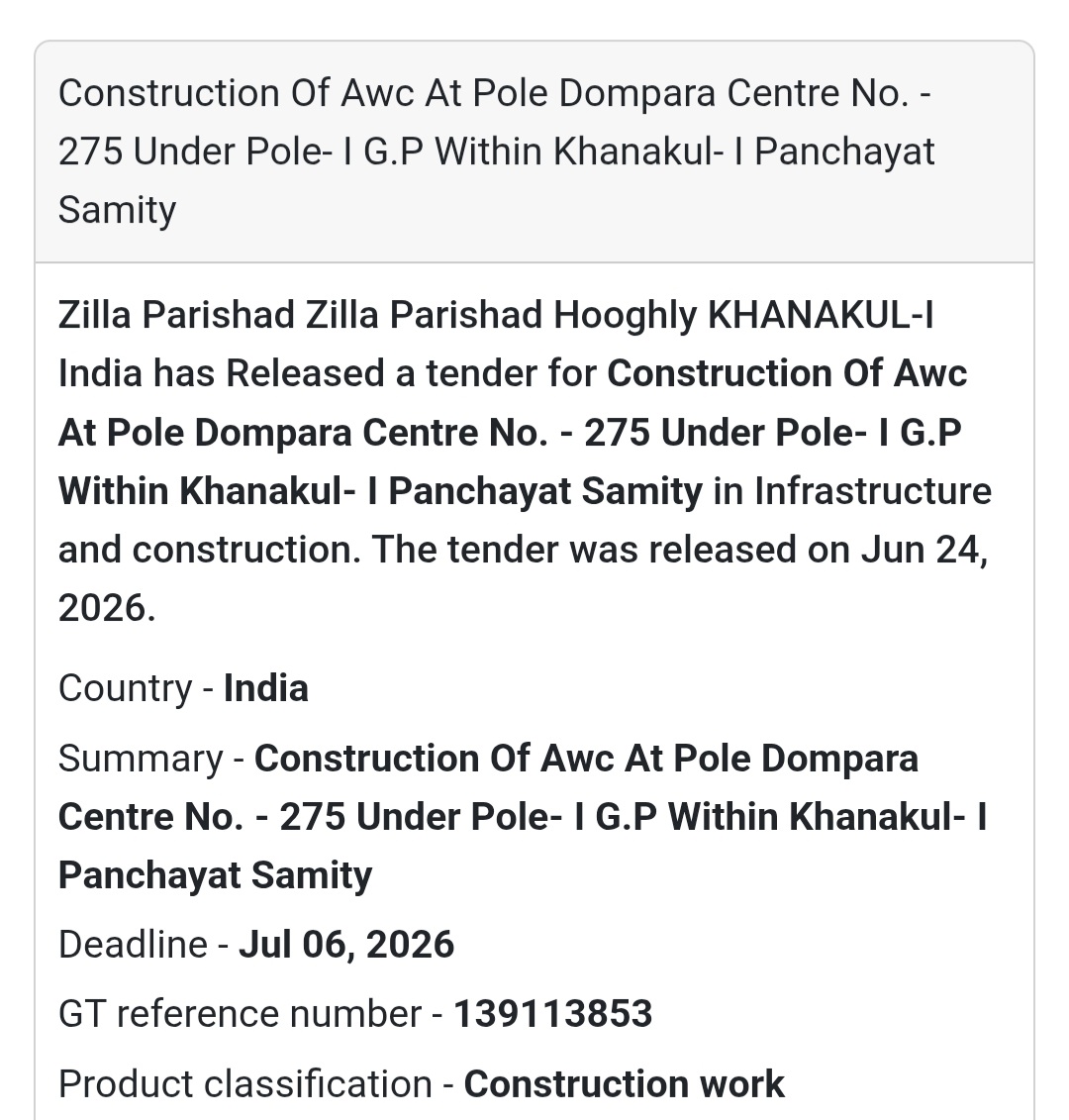 🚨 New Tender Alert | Construction of AWC at Pole Dompara Centre No. 275 under Pole-I G.P. within Khanakul-I Panchayat Samity – Khanakul-I, Hooghly