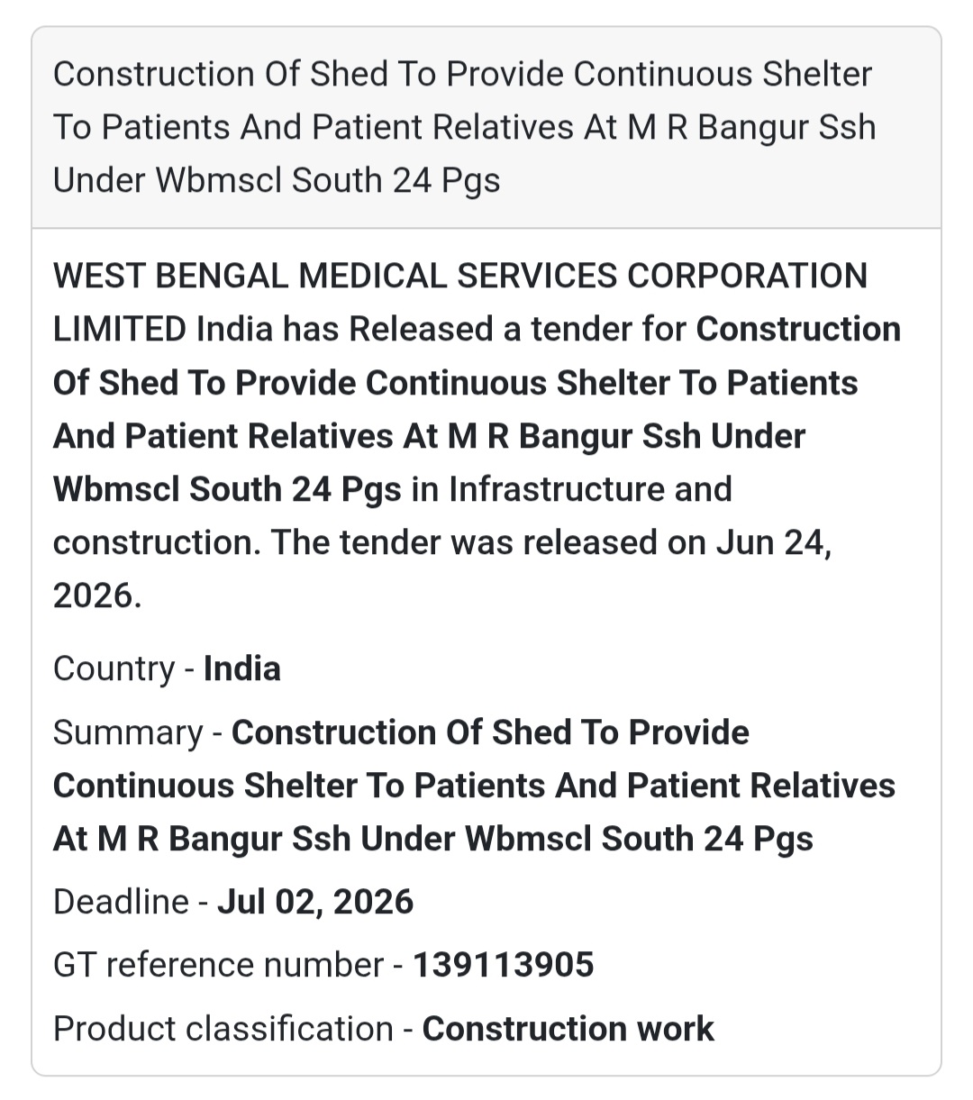 🚨 New Tender Alert | Construction of Patient Shelter – M.R. Bangur SSH