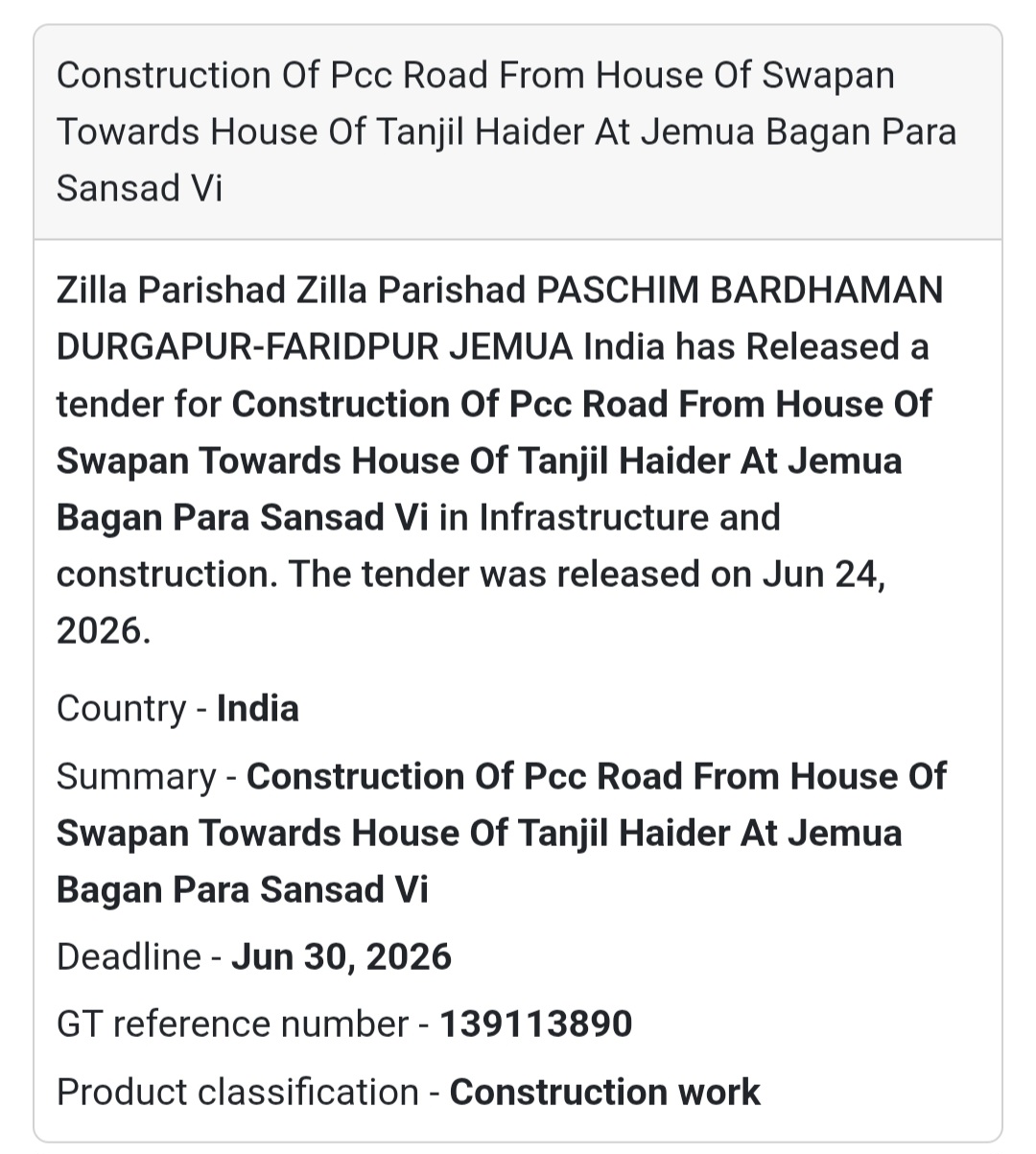 🚨 New Tender Alert | Construction of PCC Road from House of Swapan to House of Tanjil Haider – Jemua