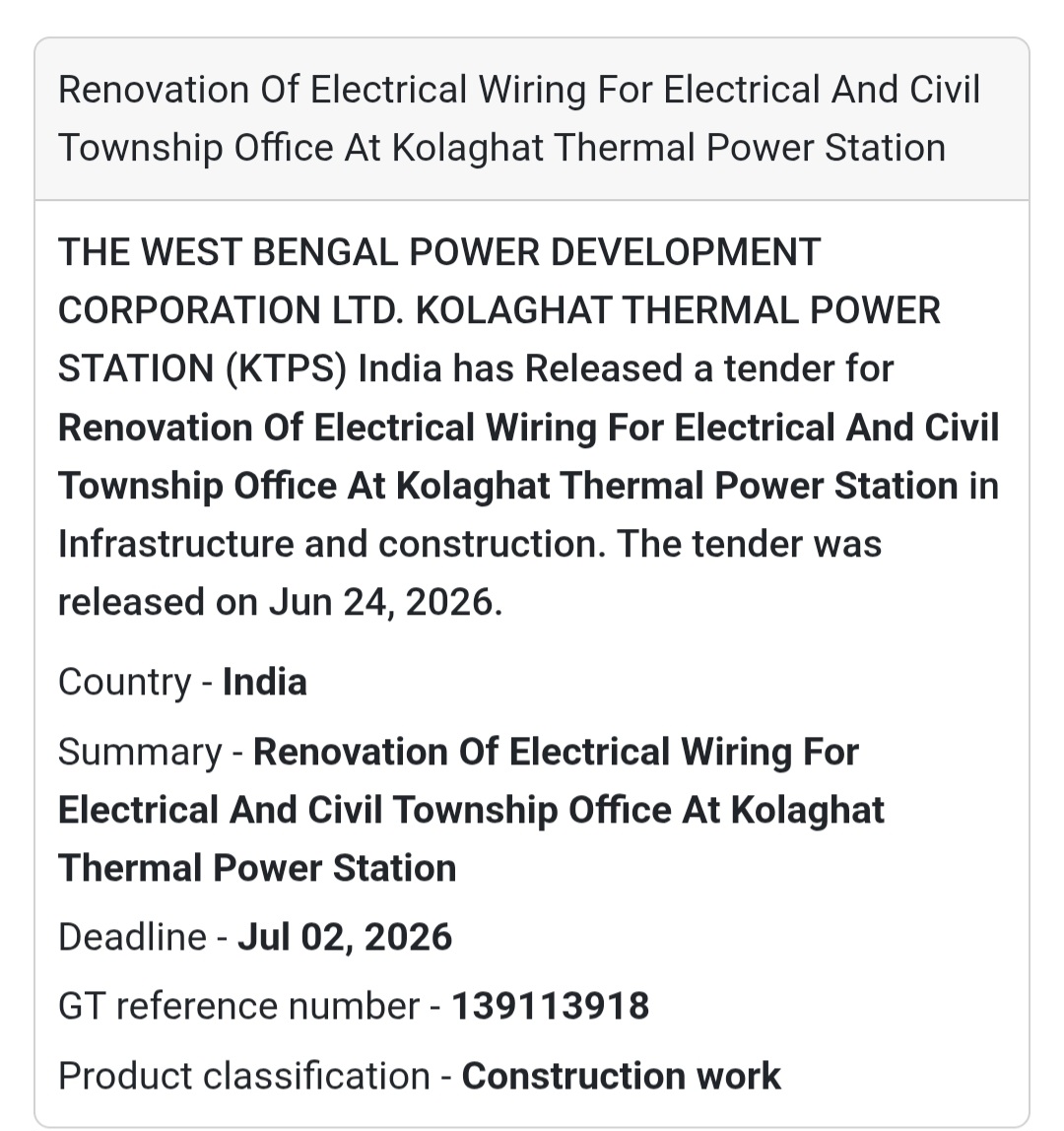 🚨 New Tender Alert | Electrical Wiring Renovation – Kolaghat Thermal Power Station