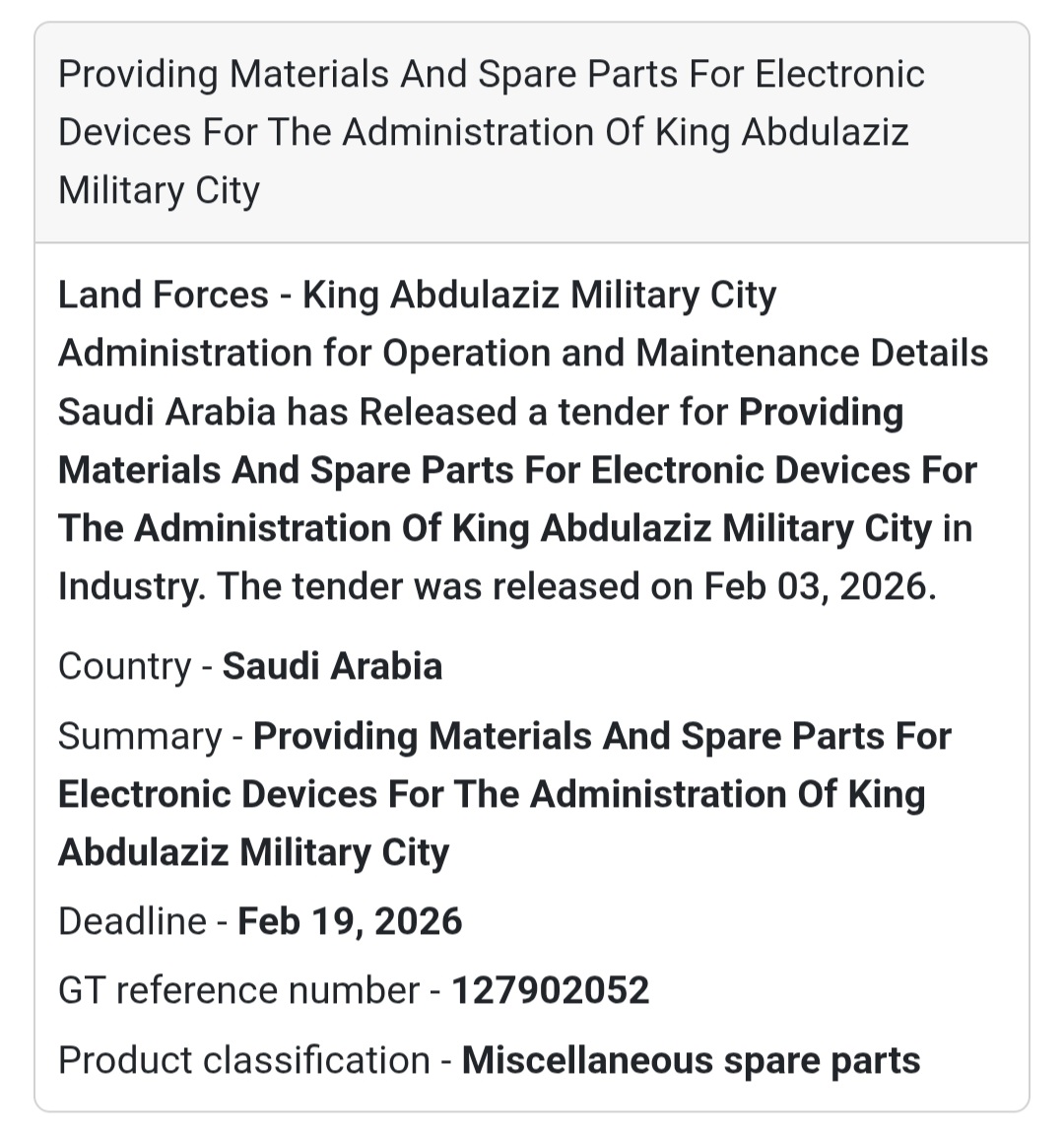 🇸🇦 New Tender Alert: Electronic Device Parts 🇸🇦