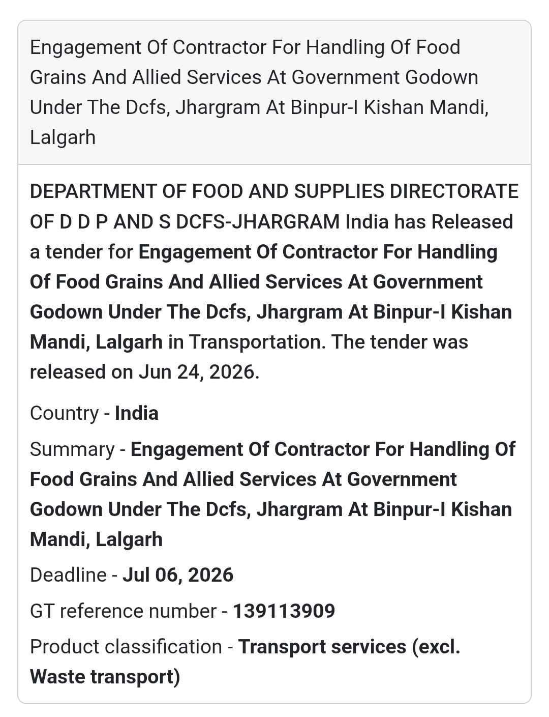 🚨 New Tender Alert | Food Grain Handling Contractor – Binpur-I Kishan Mandi, Lalgarh