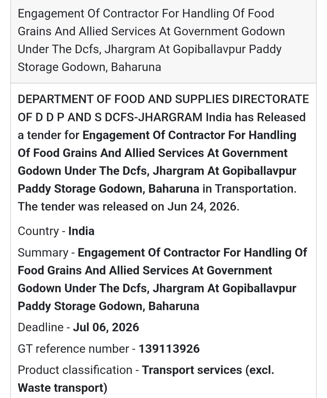 🚨 New Tender Alert | Food Grain Handling Contractor – Gopiballavpur