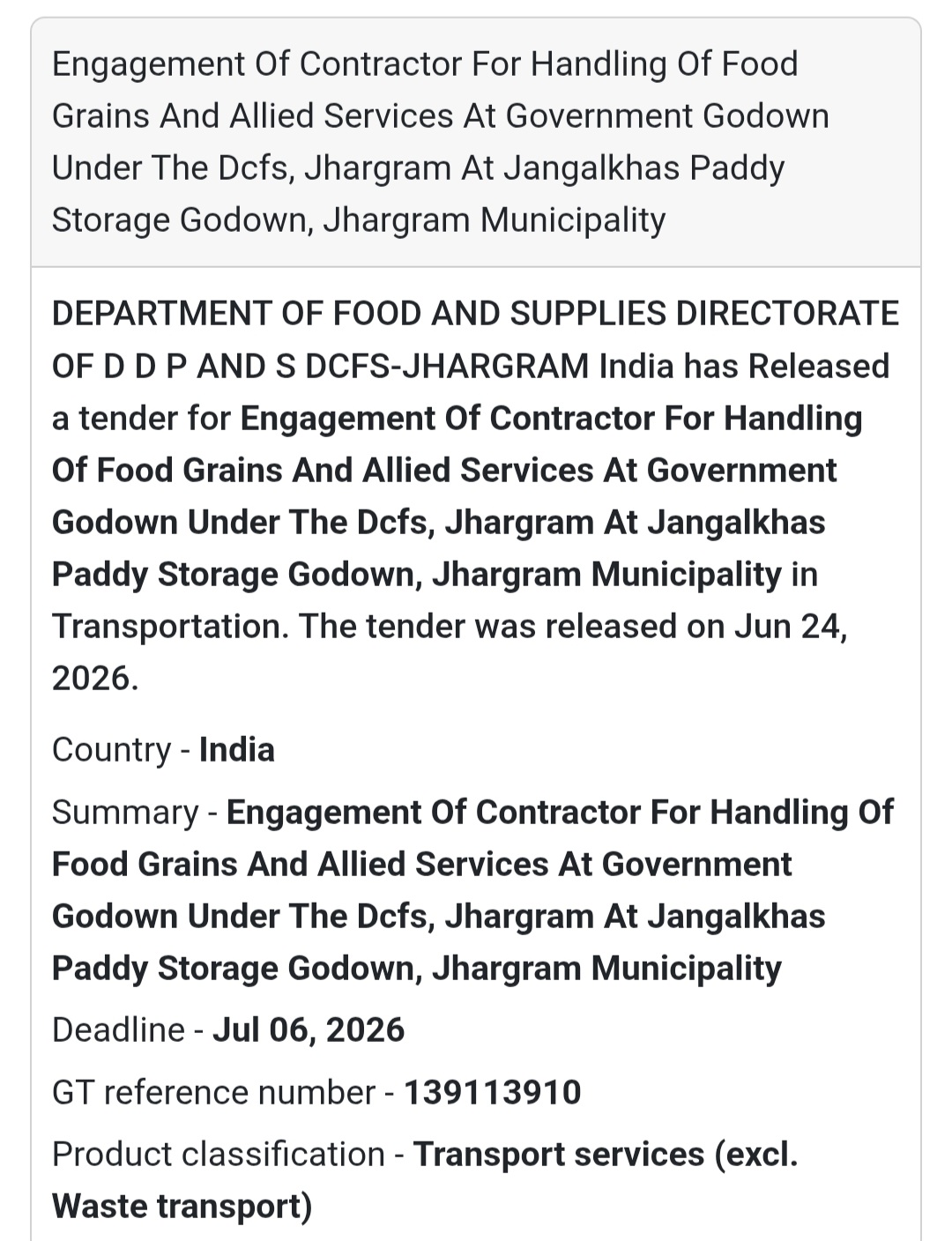 🚨 New Tender Alert | Food Grain Handling Contractor – Jangalkhas Paddy Storage Godown