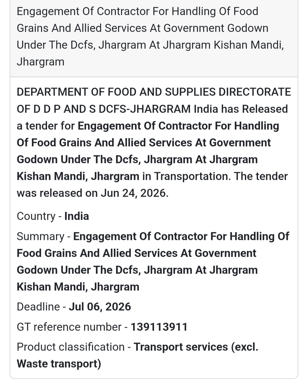 🚨 New Tender Alert | Food Grain Handling Contractor – Jhargram Kishan Mandi
