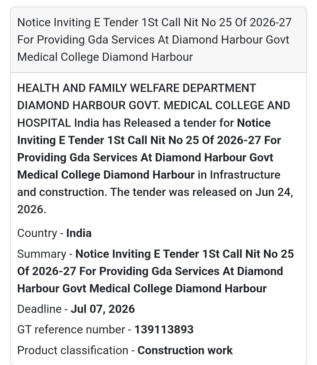 🚨 New Tender Alert | GDA Services – Diamond Harbour Government Medical College