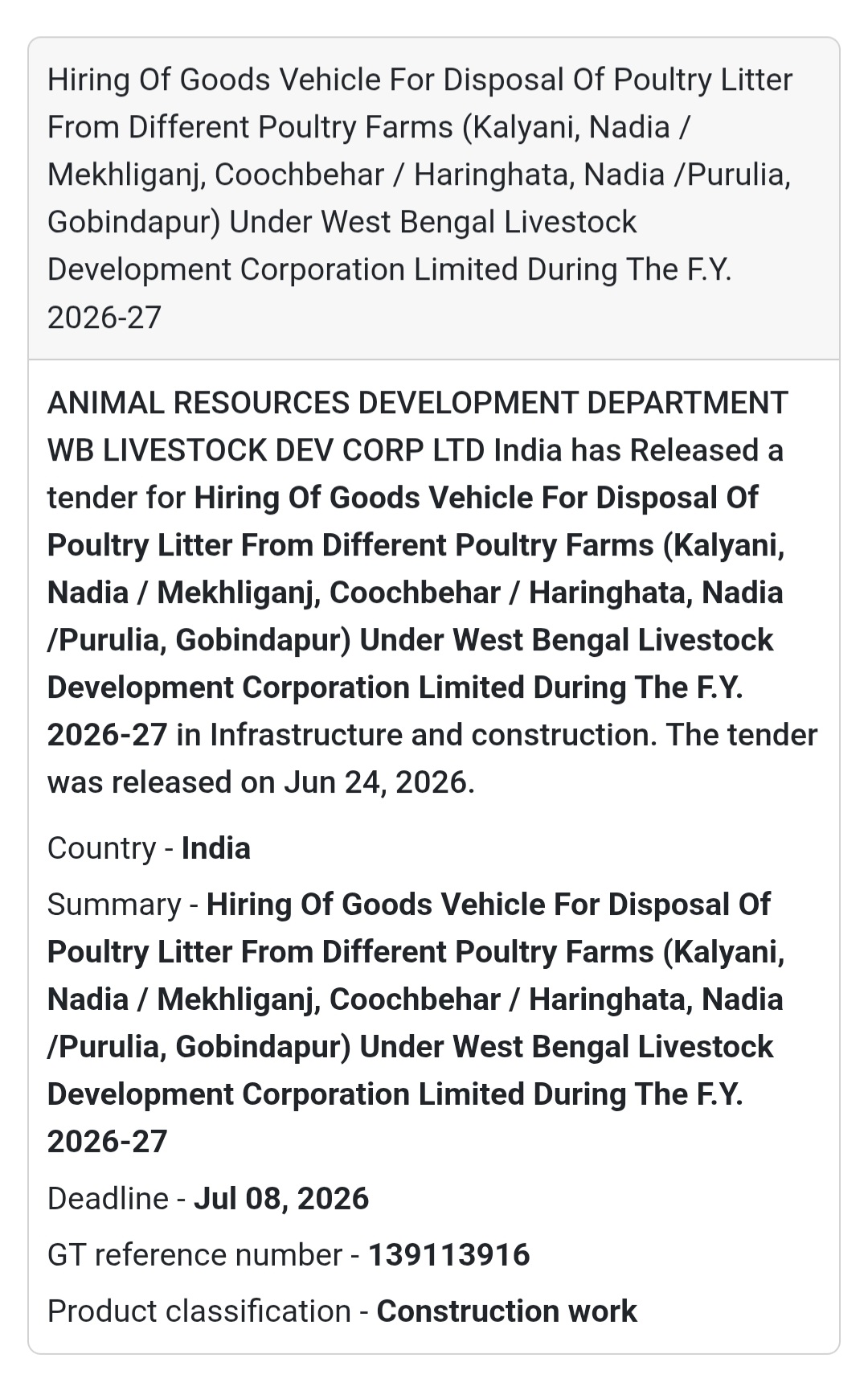 🚨 New Tender Alert | Hiring of Goods Vehicle – Poultry Litter Disposal