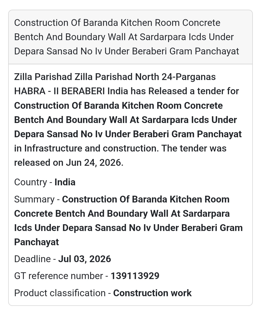🚨 New Tender Alert | Kitchen Room & Boundary Wall Construction – Sardarpara ICDS