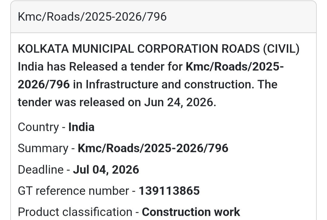 🚨 New Tender Alert | KMC/Roads/2025-2026/796 – Kolkata