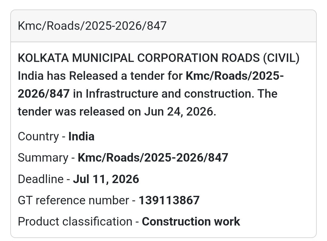 🚨 New Tender Alert | KMC/Roads/2025-2026/847 – Kolkata