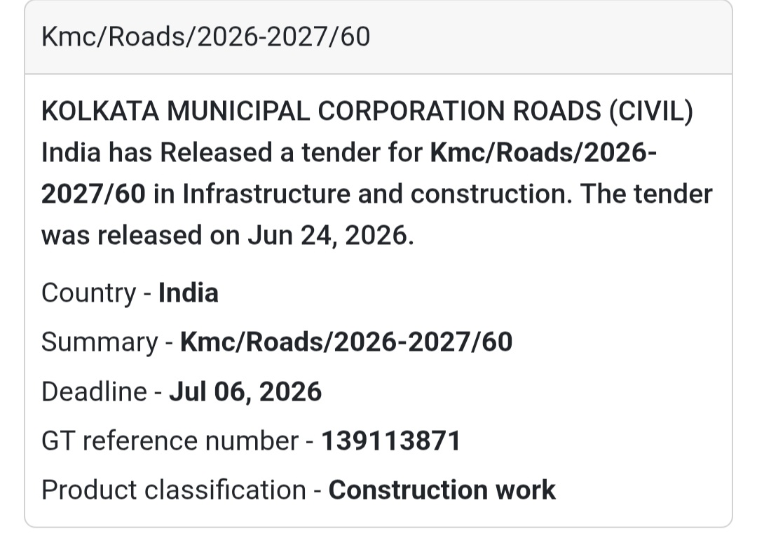 🚨 New Tender Alert | KMC/Roads/2026-2027/60 – Kolkata