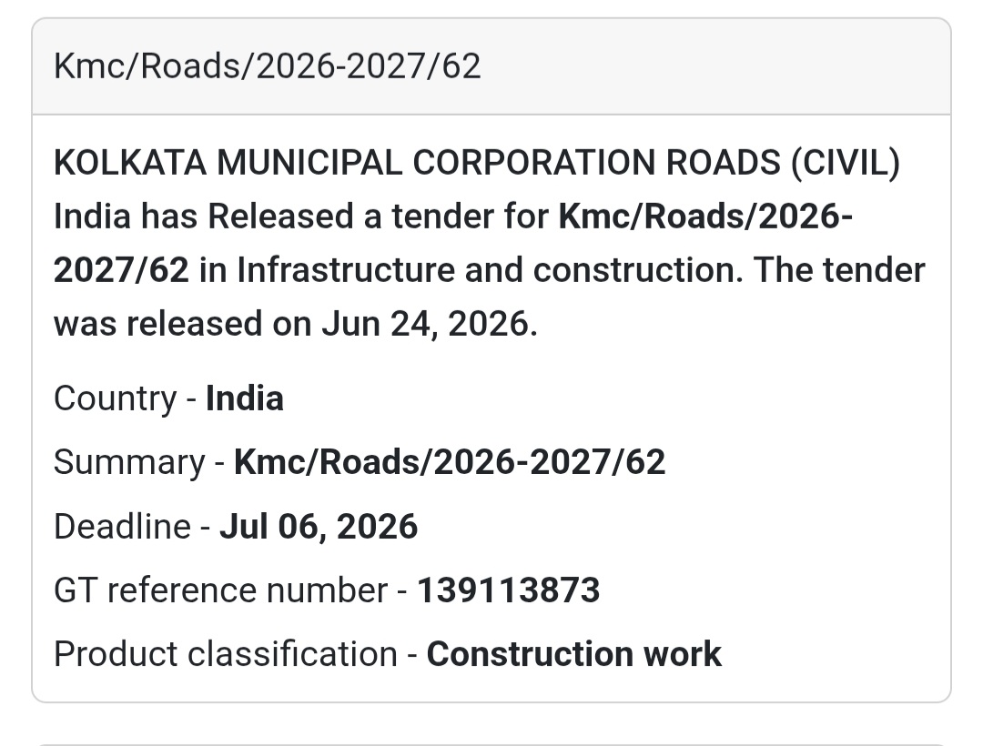 🚨 New Tender Alert | KMC/Roads/2026-2027/62 – Kolkata