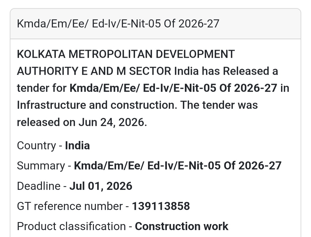 🚨 New Tender Alert | KMDA/EM/EE/ED-IV/E-NIT-05 of 2026-27 – E & M Sector