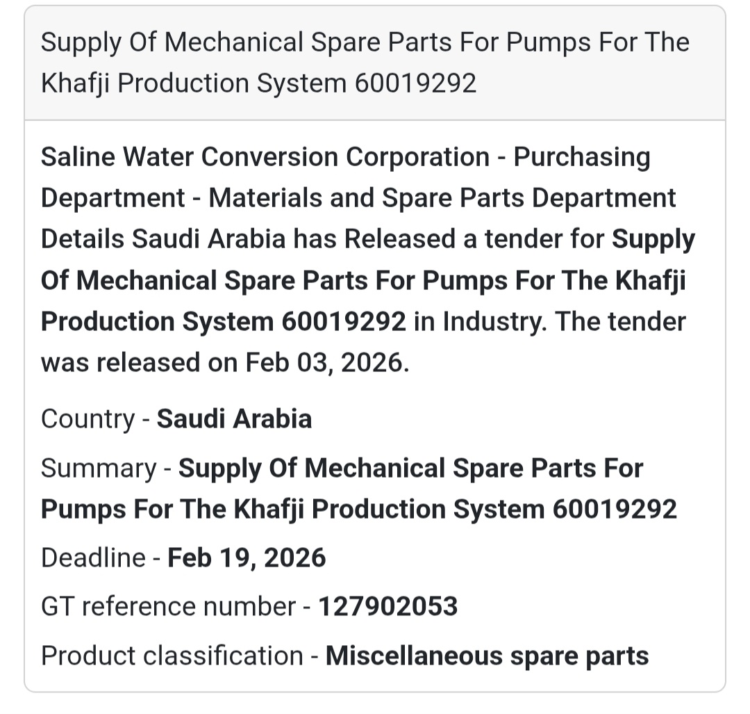 🇸🇦 New Tender Alert: Mechanical Spare Parts  Description