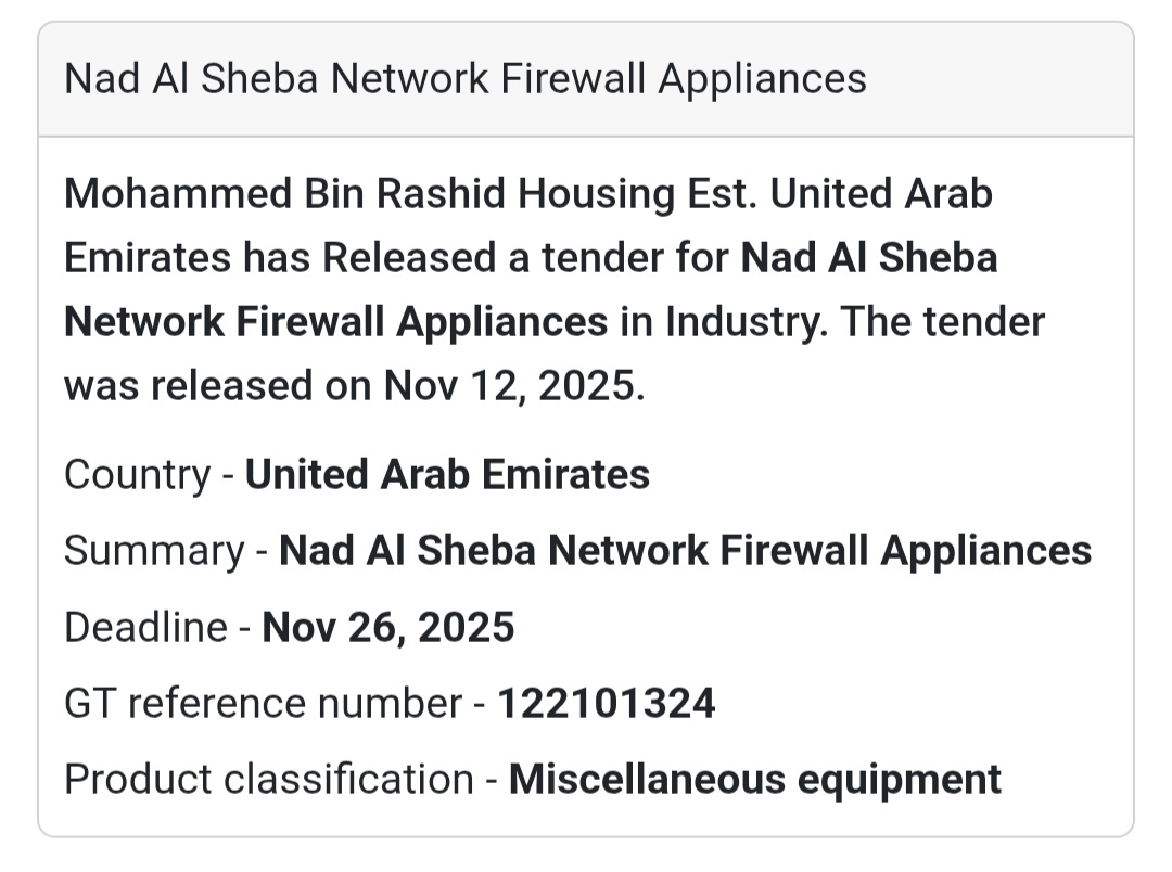 🔥 New Tender Alert – Nad Al Sheba Network Firewall Appliances