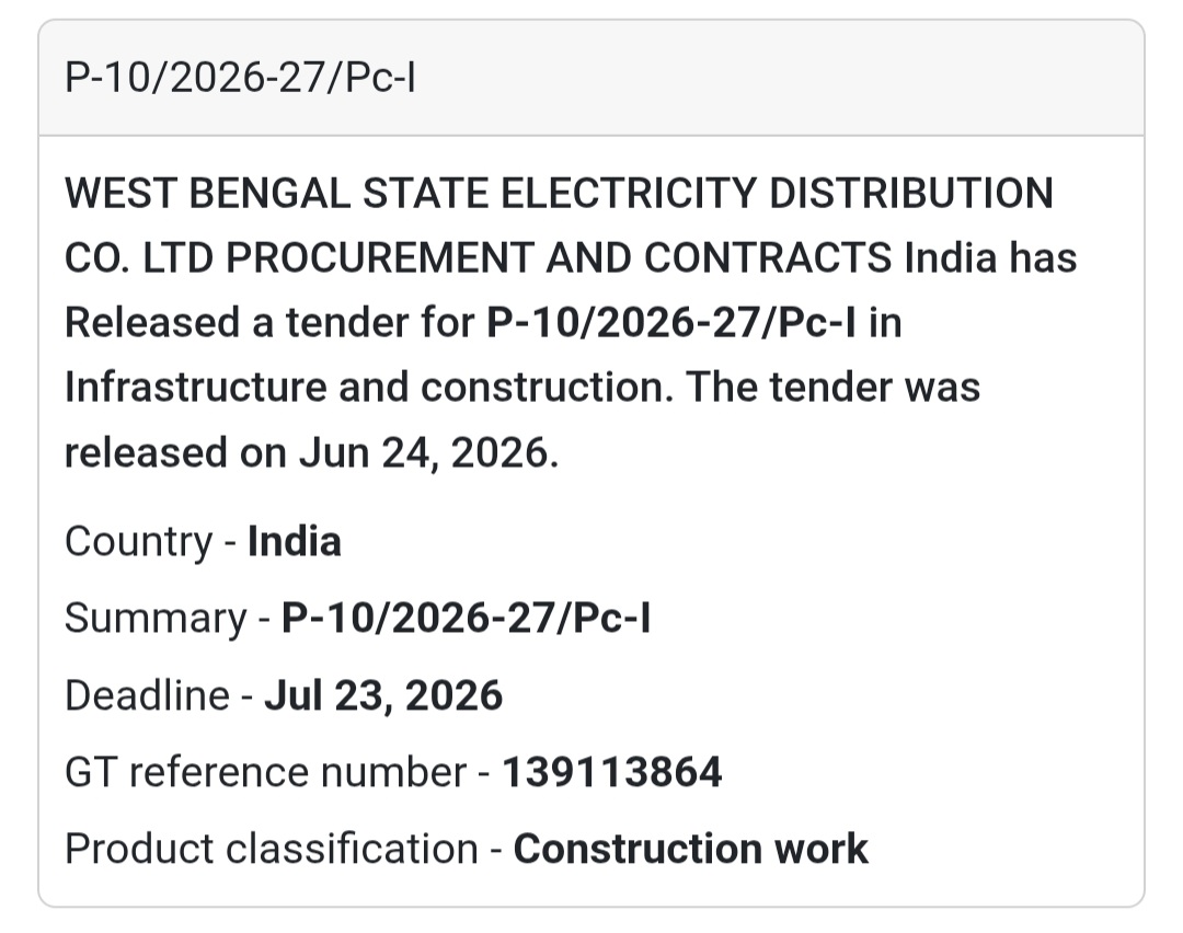 🚨 New Tender Alert | P-10/2026-27/Pc-I – West Bengal State Electricity