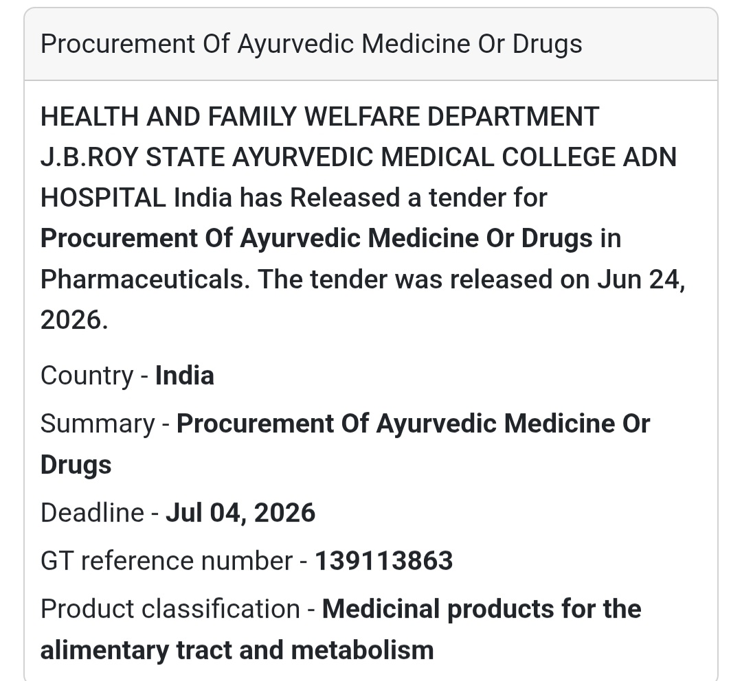 🚨 New Tender Alert | Procurement of Ayurvedic Medicine or Drugs – Kolkata