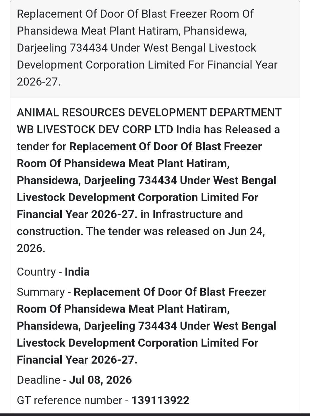 🚨 New Tender Alert | Replacement of Blast Freezer Room Door – Phansidewa Meat Plant
