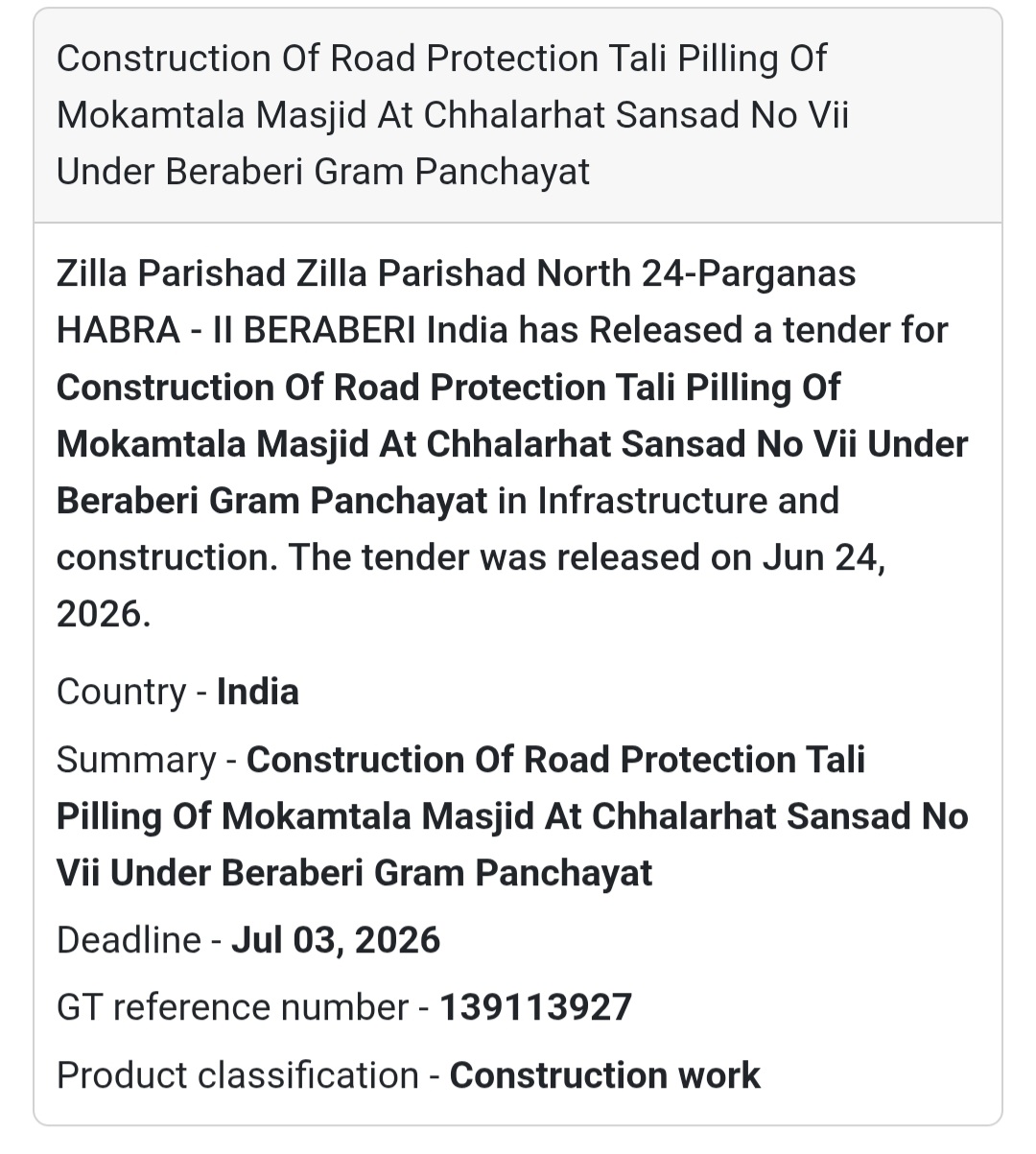 🚨 New Tender Alert | Road Protection Tali Pilling – Chhalarhat