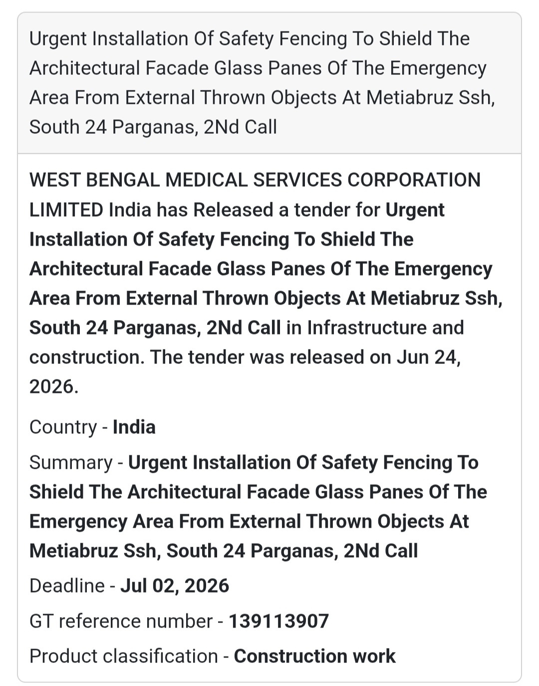🚨 New Tender Alert | Safety Fencing Installation – Metiabruz SSH (2nd Call)