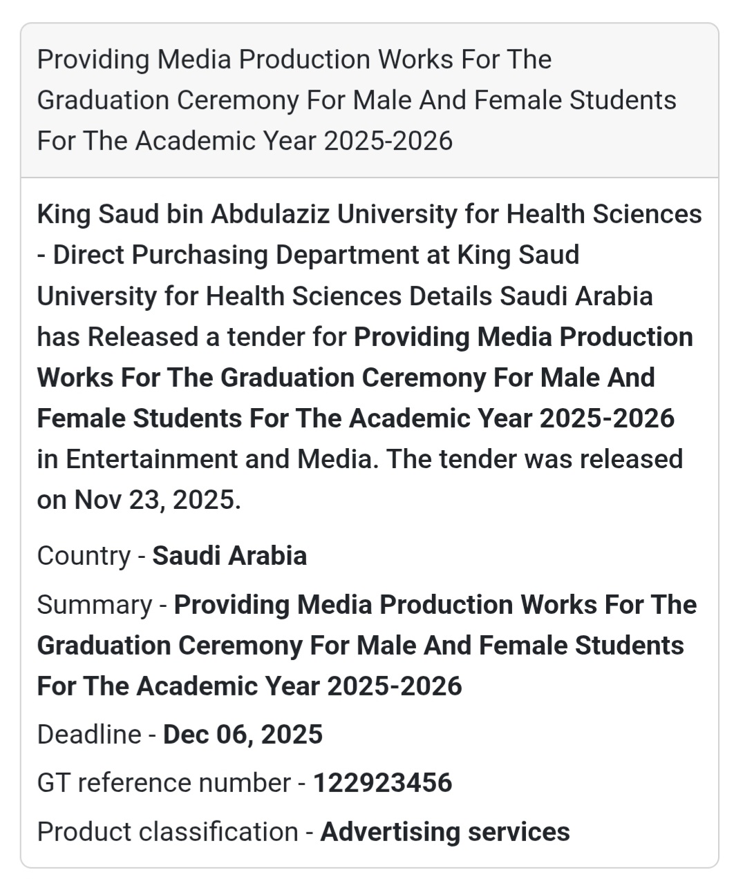 🎓✨ New Tender Alert – Saudi Arabia 🇸🇦