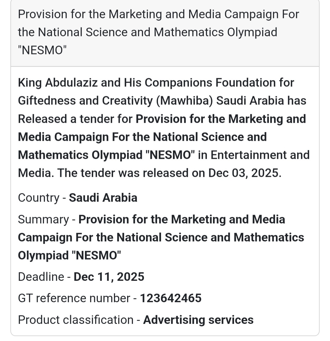 📢 New Tender Alert – Saudi Arabia