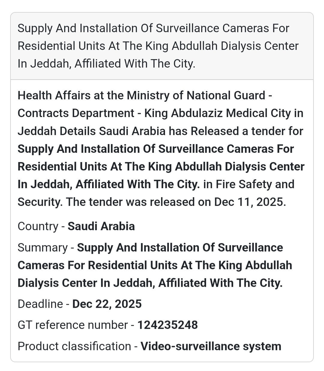 📢 New Tender Alert – Saudi Arabia
