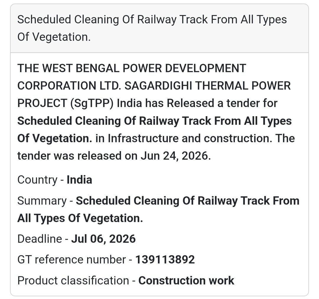 🚨 New Tender Alert | Scheduled Cleaning of Railway Track – Sagardighi Thermal Power Project