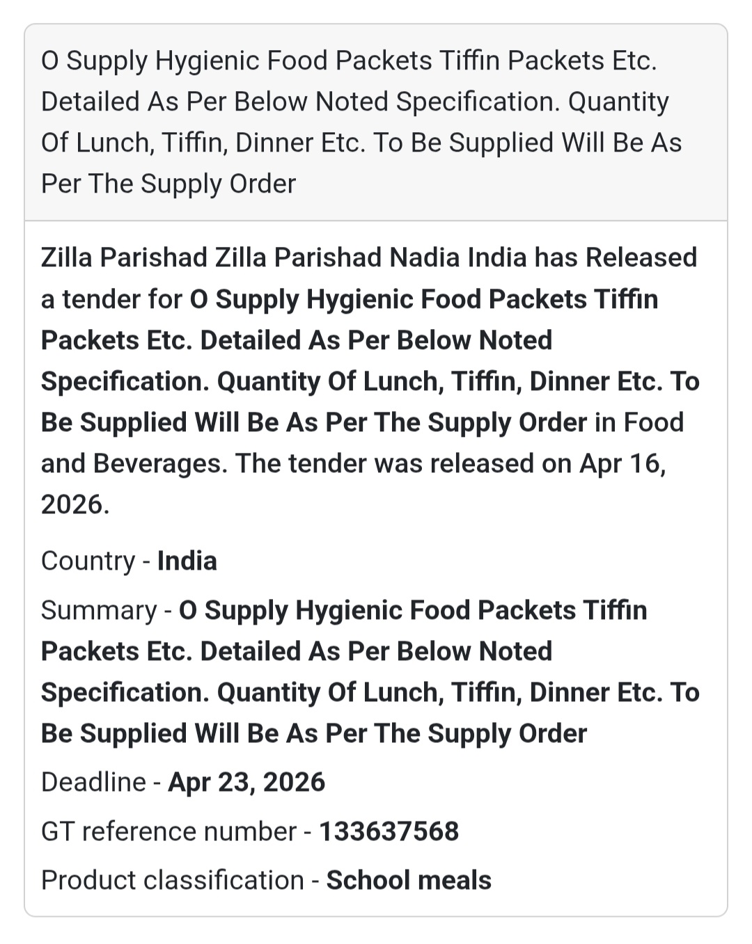 🍱 New Tender Alert: School Meal Supply in Nadia! 🇮🇳