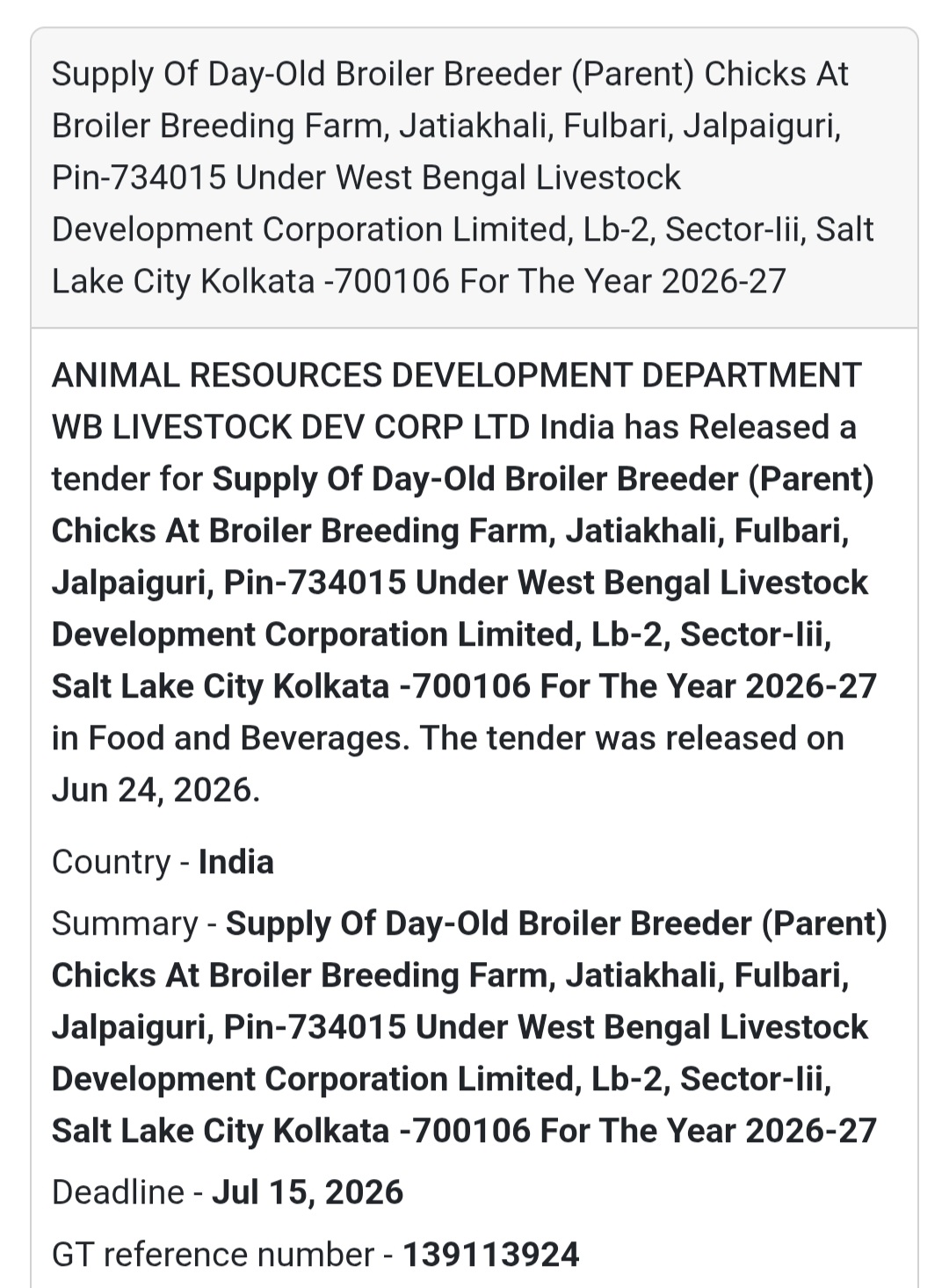 🚨 New Tender Alert | Supply of Day-Old Broiler Breeder (Parent) Chicks