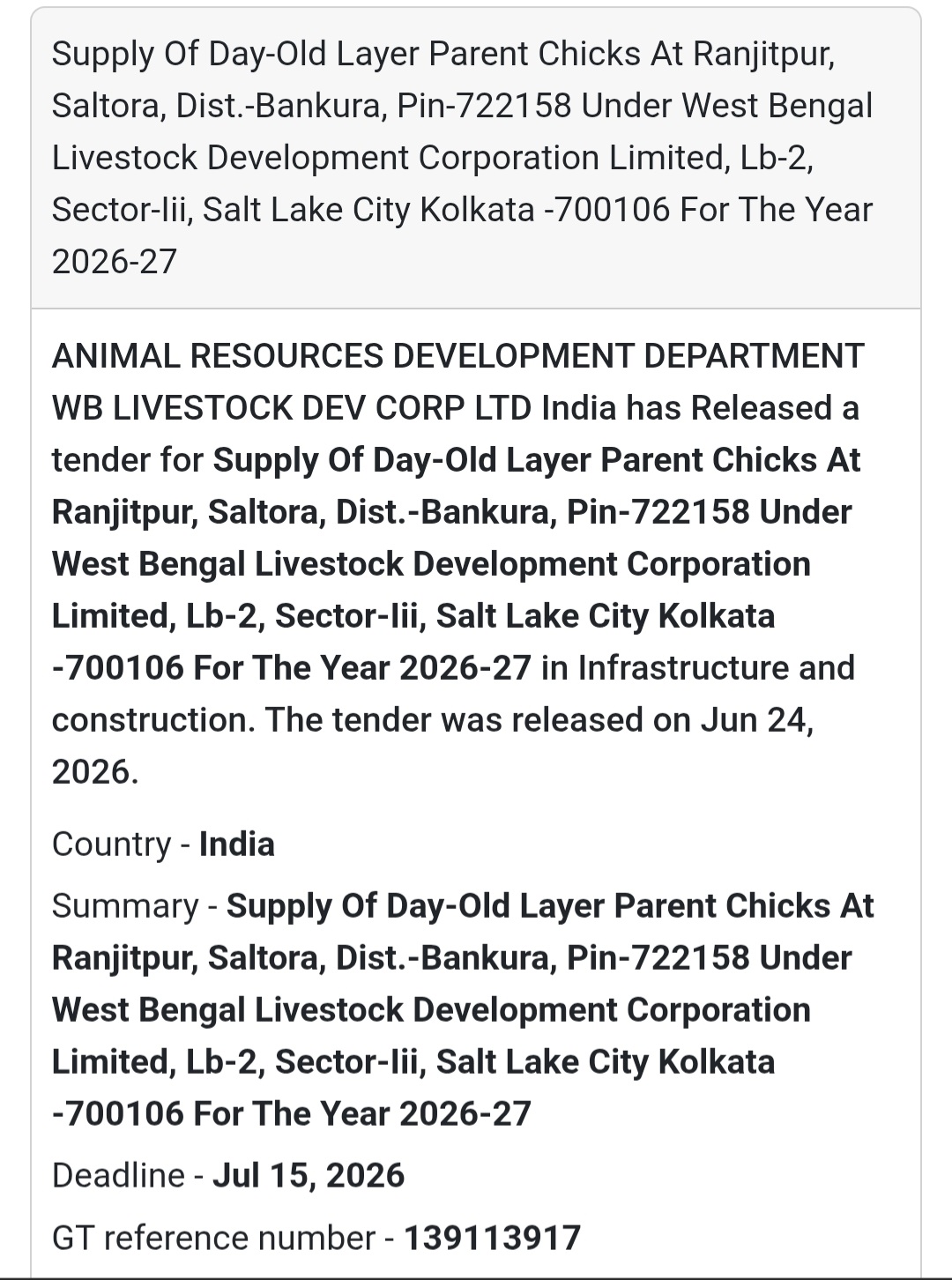 🚨 New Tender Alert | Supply of Day-Old Layer Parent Chicks