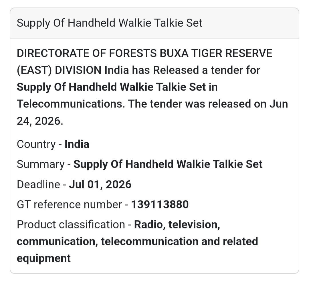 🚨 New Tender Alert | Supply of Handheld Walkie Talkie Set – Buxa Tiger Reserve