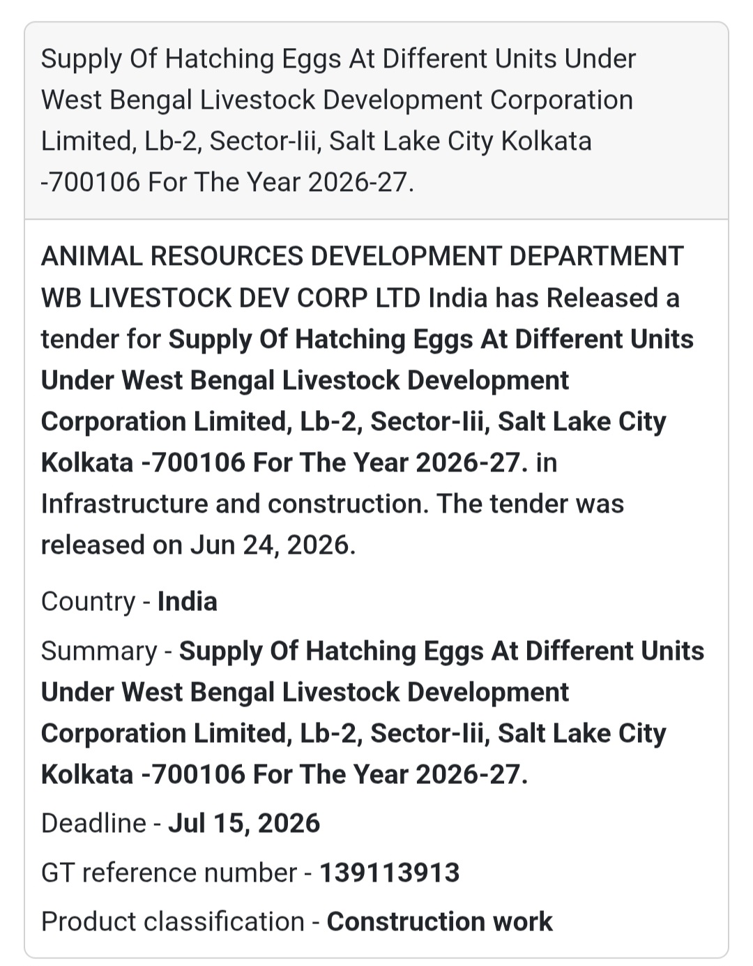 🚨 New Tender Alert | Supply of Hatching Eggs – WBLDC