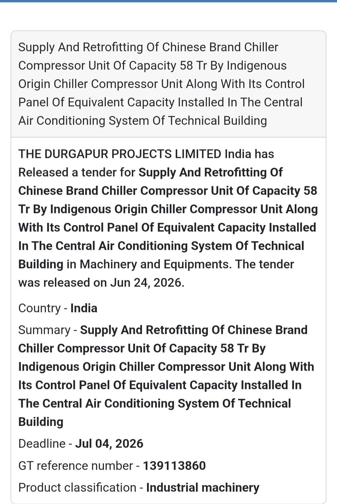 🚨 New Tender Alert | Supply & Retrofitting of Chiller Compressor Unit