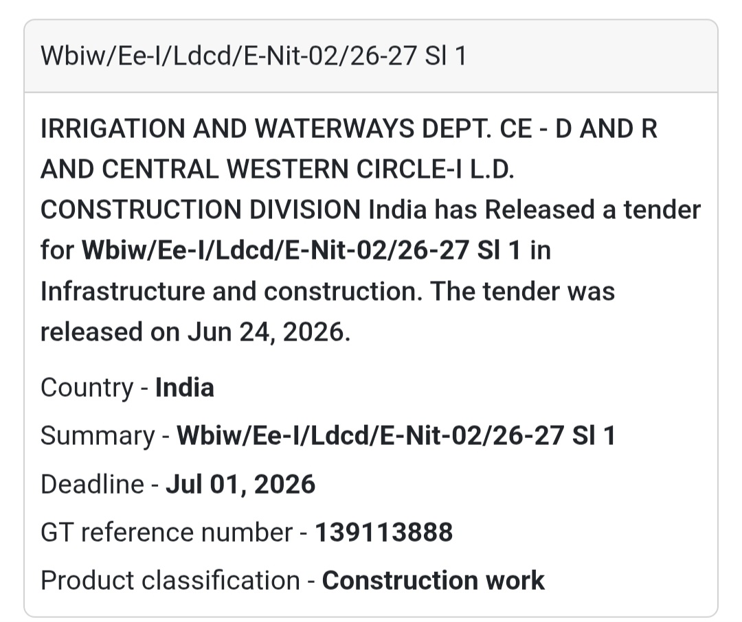 🚨 New Tender Alert | WBIW/EE-I/LDCD/E-NIT-02/26-27 Sl-1