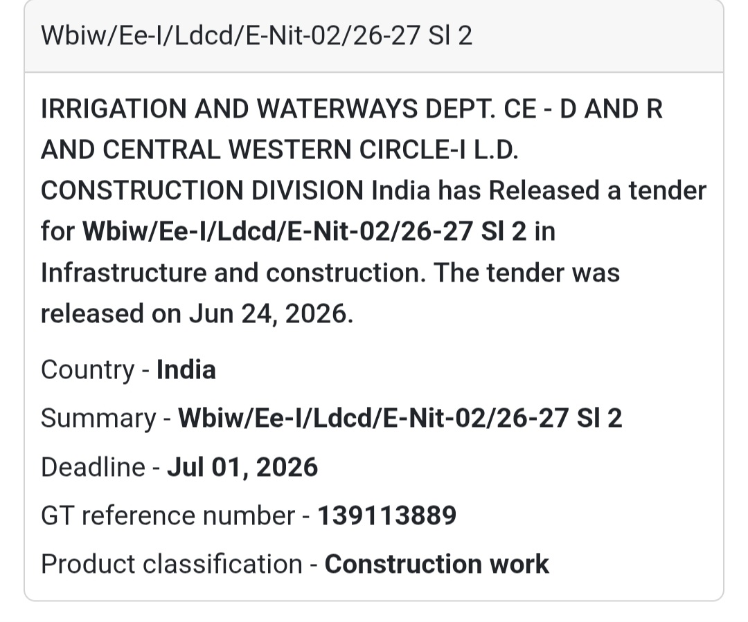 🚨 New Tender Alert | WBIW/EE-I/LDCD/E-NIT-02/26-27 Sl-2