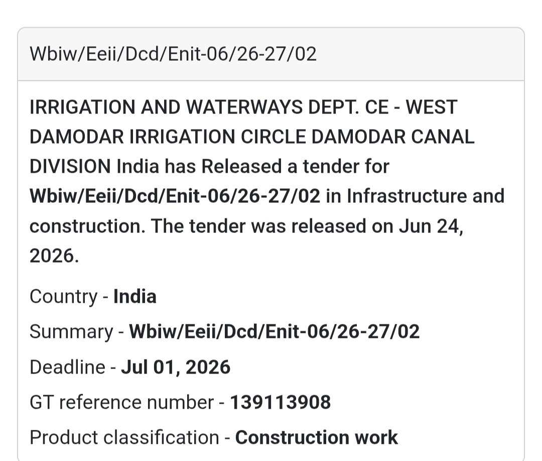 🚨 New Tender Alert | WBIW/EEII/DCD/eNIT-06/26-27/02