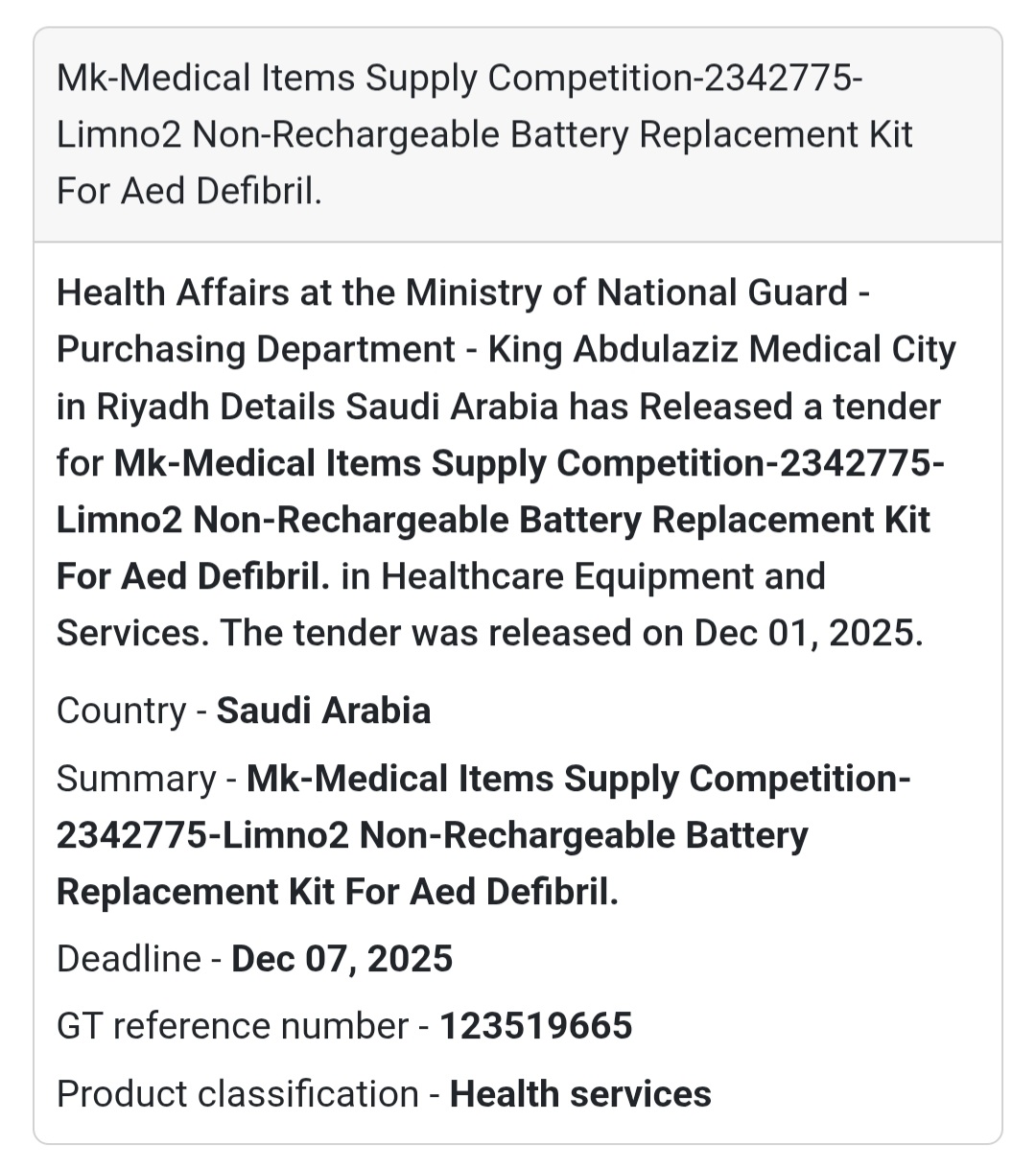 🩺 New Tender Announcement – Saudi Arabia 🇸🇦
