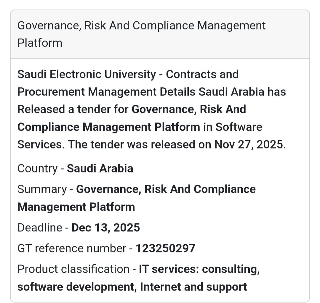 🛡️ New Tender – Governance, Risk & Compliance (GRC) Platform 🇸🇦