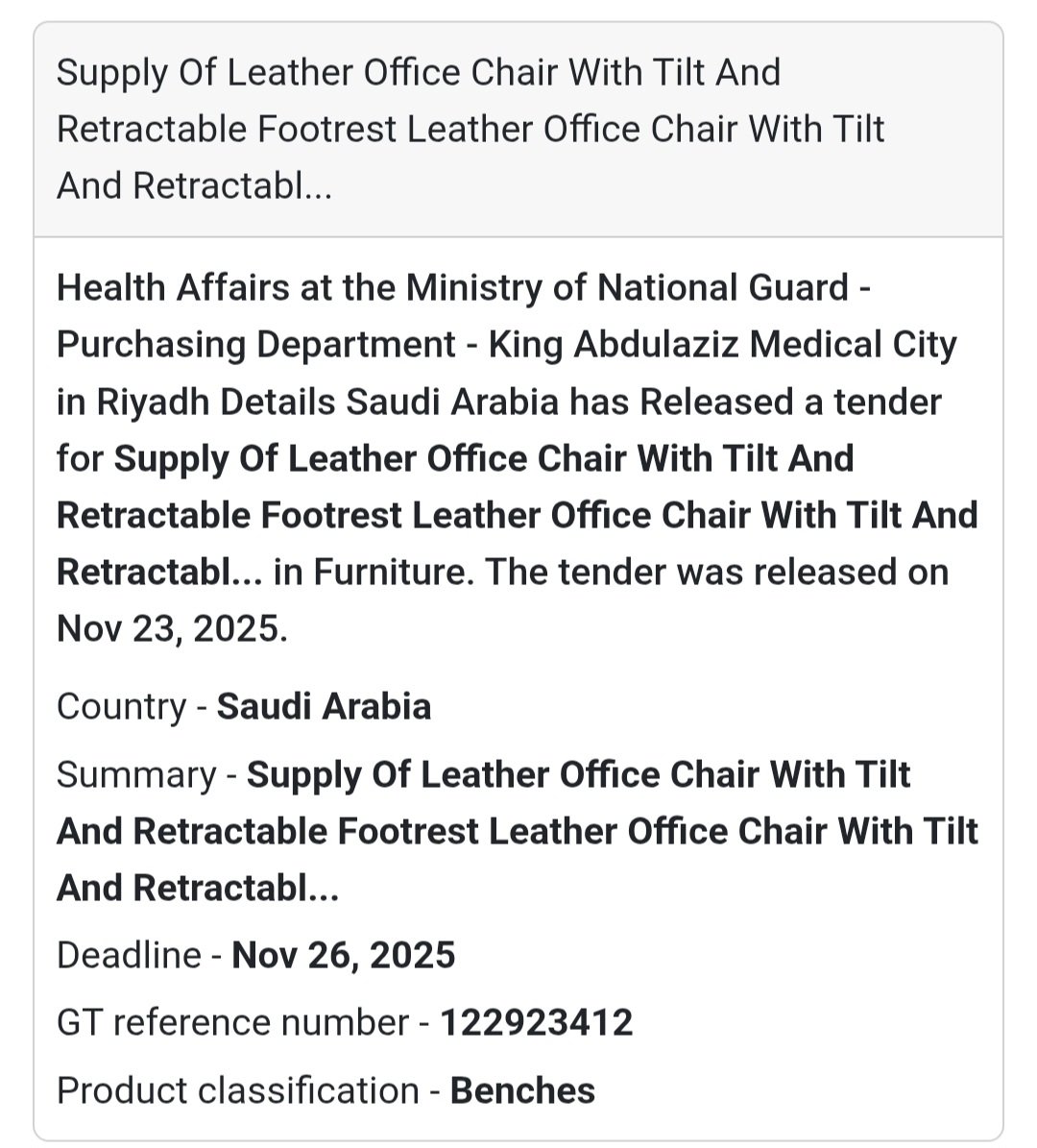 🪑 New Tender Opportunity – Saudi Arabia 🇸🇦