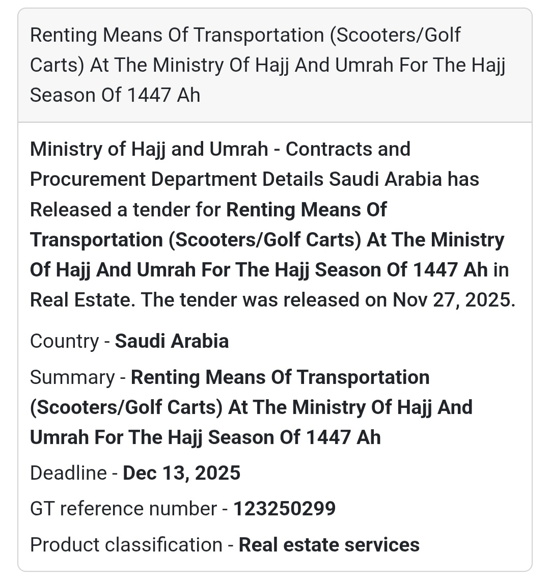 🛵 New Tender – Renting Scooters & Golf Carts for Hajj Season 1447 AH 🇸🇦