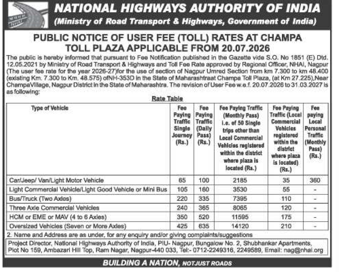 🛣️ NHAI Public Notice – Champa Toll Plaza