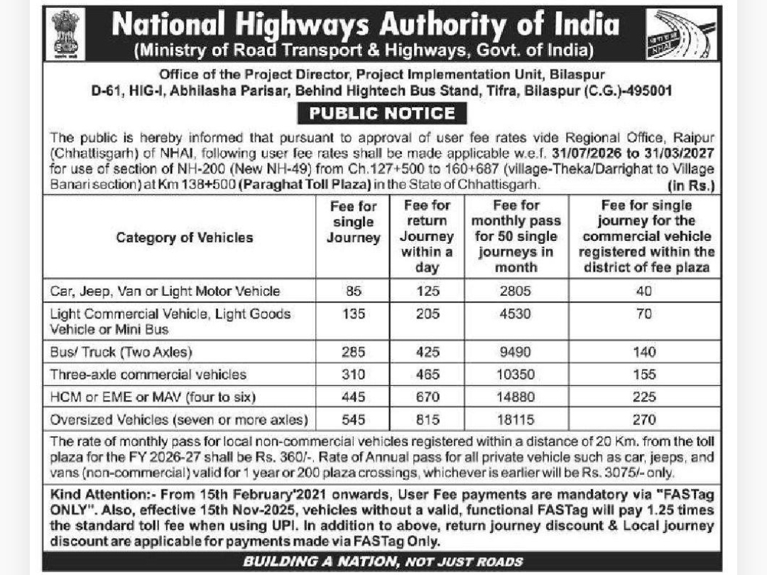 🛣️ NHAI Revises Toll Fee for Kesla Toll Plaza | Bilaspur, Chhattisgarh
