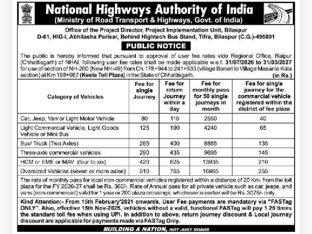 🛣️ NHAI Revises Toll Fee for Paraghat Toll Plaza | Bilaspur, Chhattisgarh