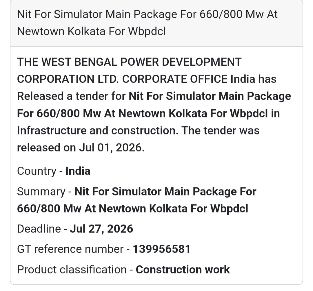 ⚡ NIT for Simulator Main Package (660/800 MW) | New Town, Kolkata, West Bengal