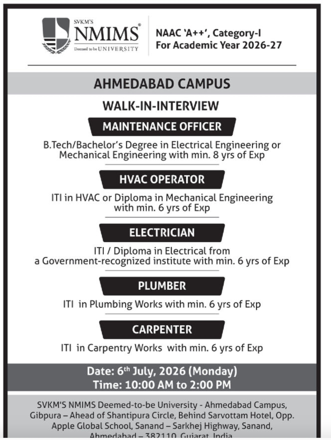 🏫 NMIMS Ahmedabad Campus – Walk-in Interview