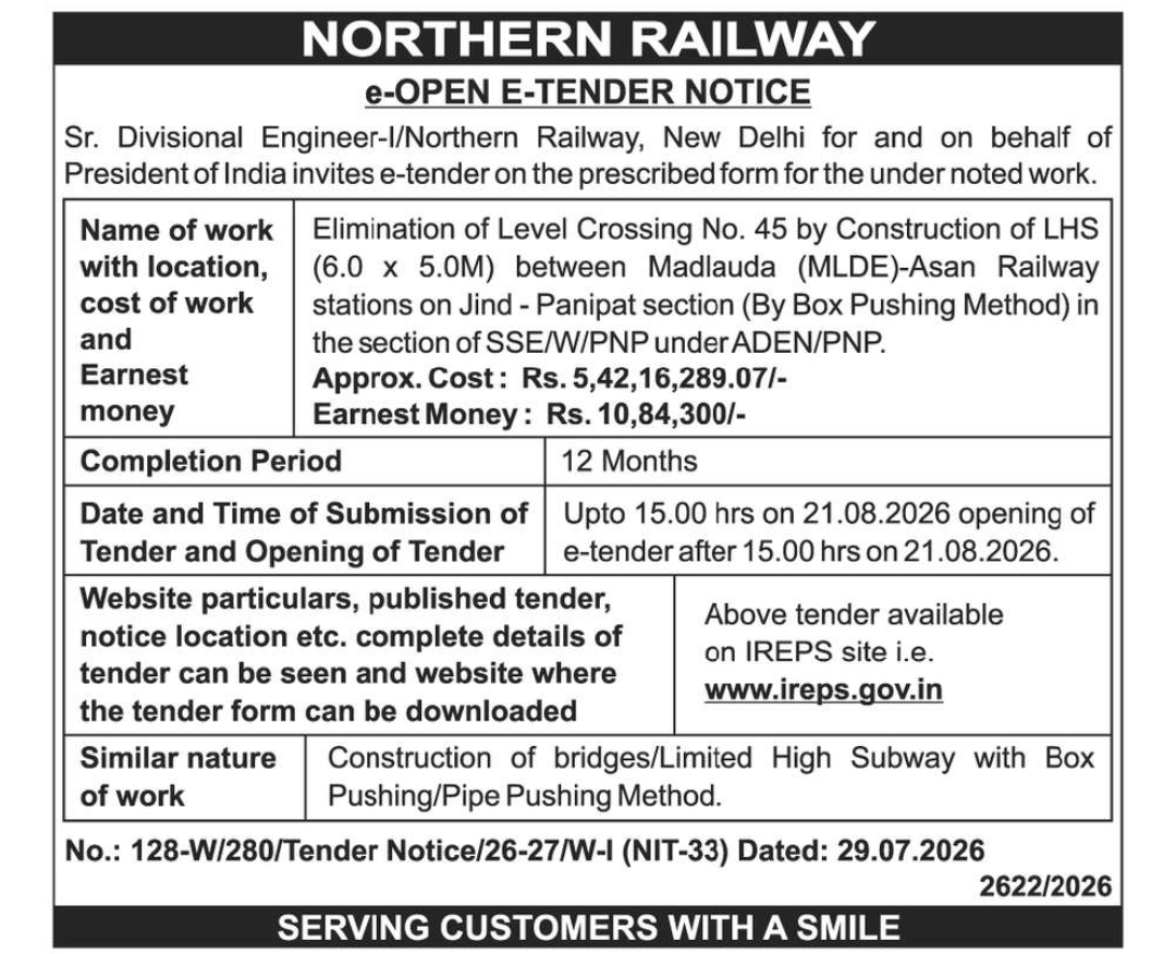 🚆 Northern Railway E-Tender Notice