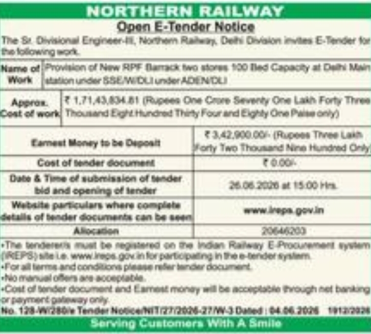 🚆 Northern Railway – E-Tender Opportunity