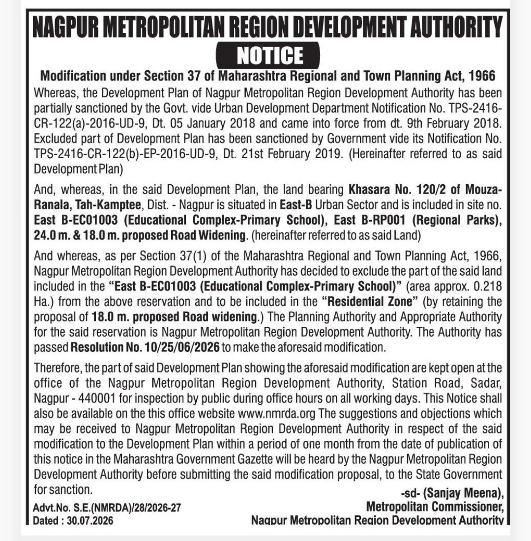 🏙️ Notice for Development Plan Modification | Nagpur Metropolitan Region